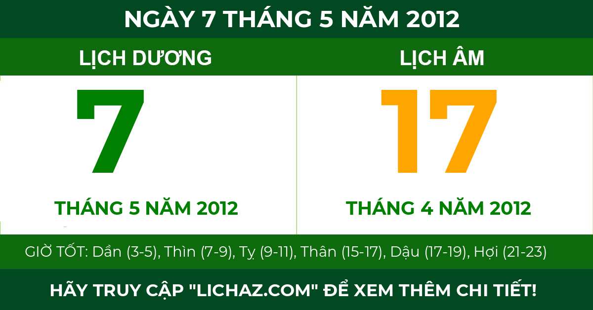 lịch âm ngày 7 tháng 5 năm 2012