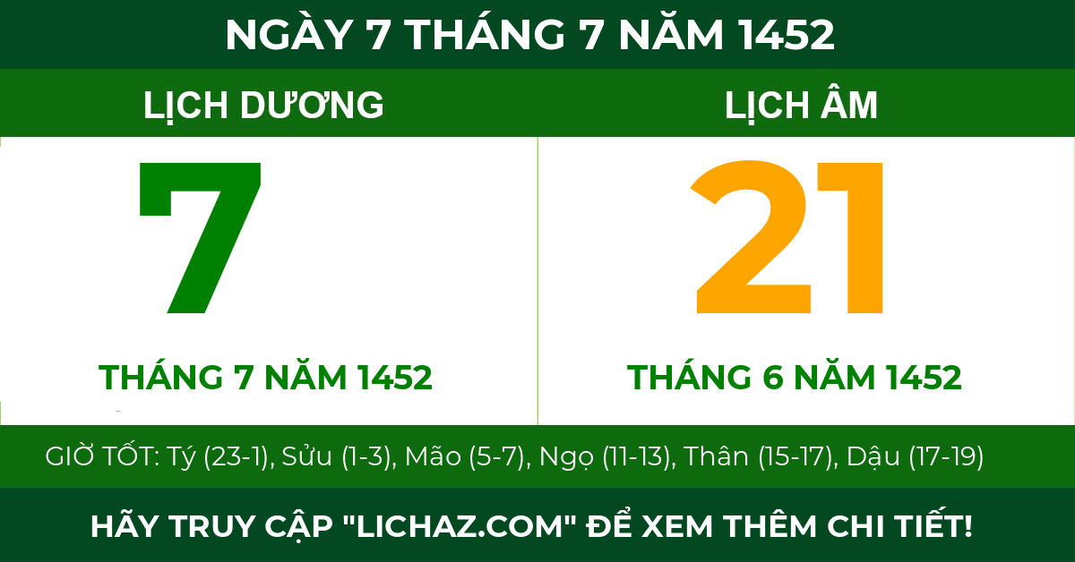 lịch âm ngày 7 tháng 7 năm 1452