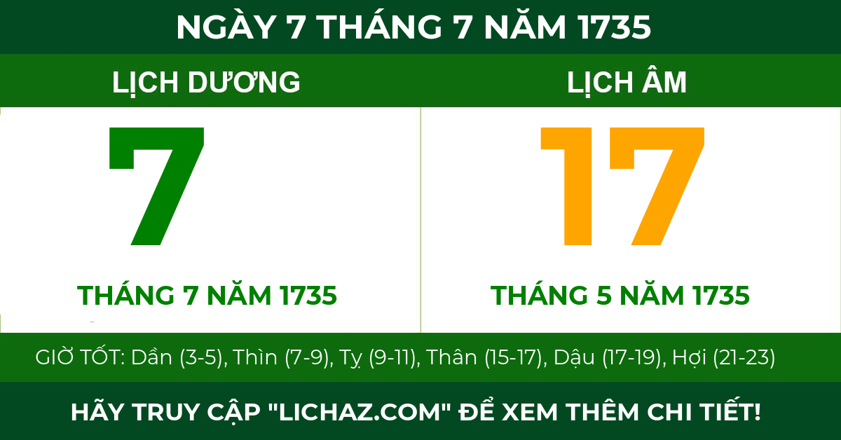 lịch âm ngày 7 tháng 7 năm 1735