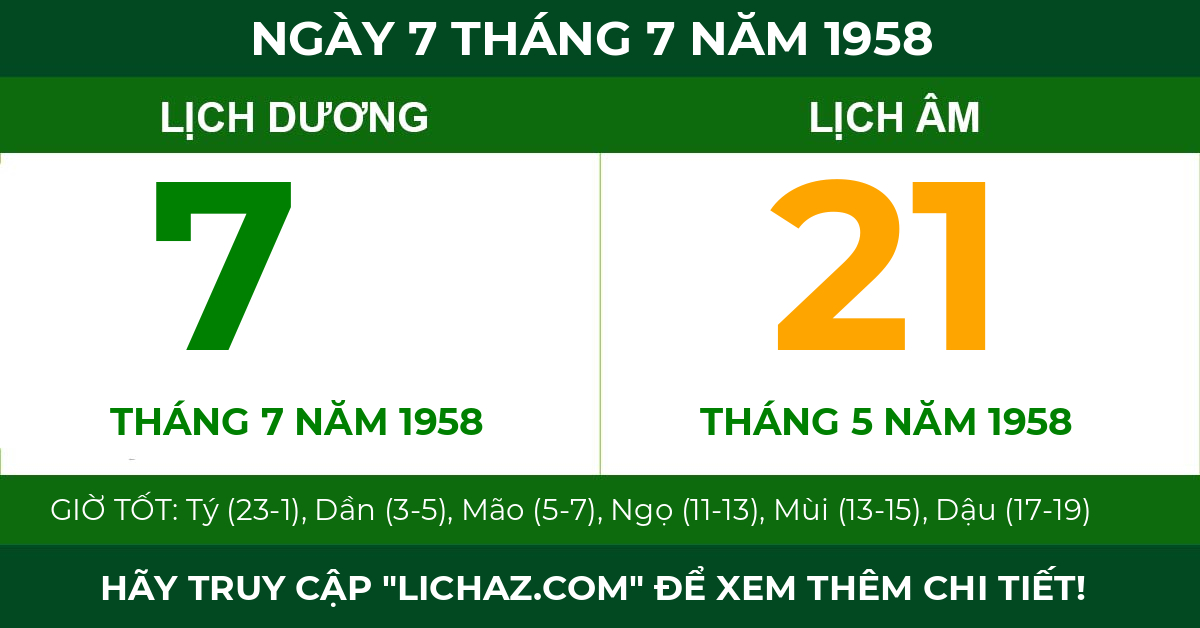 lịch âm ngày 7 tháng 7 năm 1958