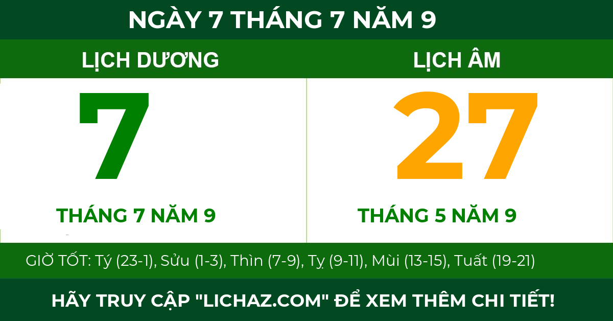 lịch âm ngày 7 tháng 7 năm 9