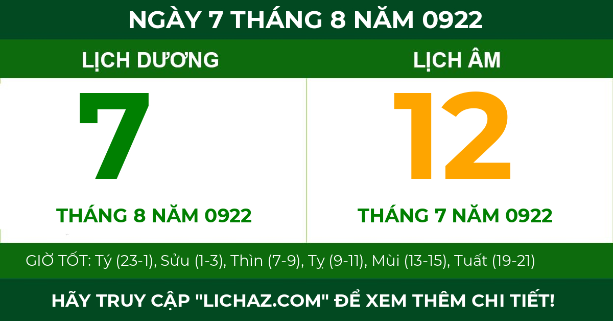 lịch âm ngày 7 tháng 8 năm 0922