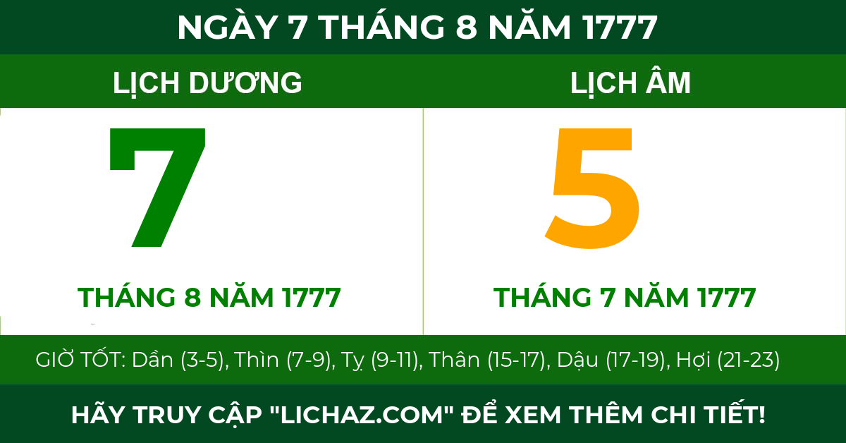 lịch âm ngày 7 tháng 8 năm 1777