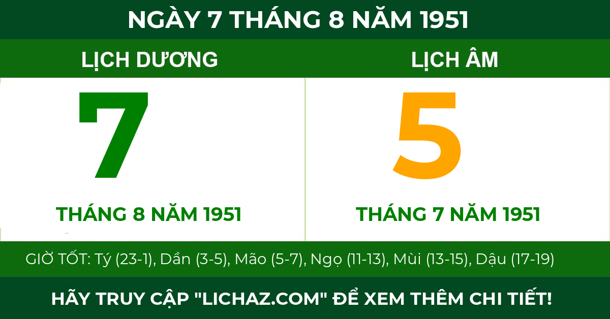 lịch âm ngày 7 tháng 8 năm 1951