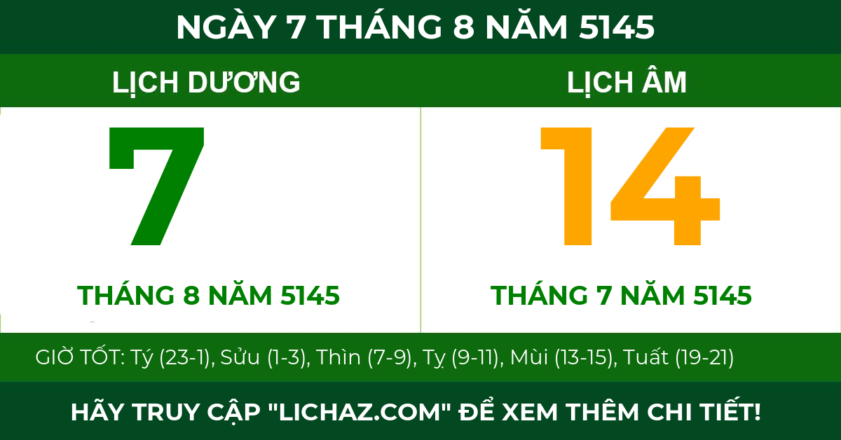 lịch âm ngày 7 tháng 8 năm 5145