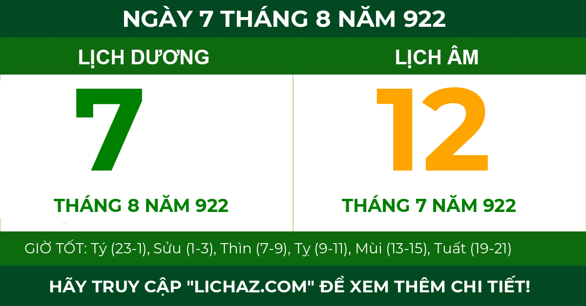 lịch âm ngày 7 tháng 8 năm 922