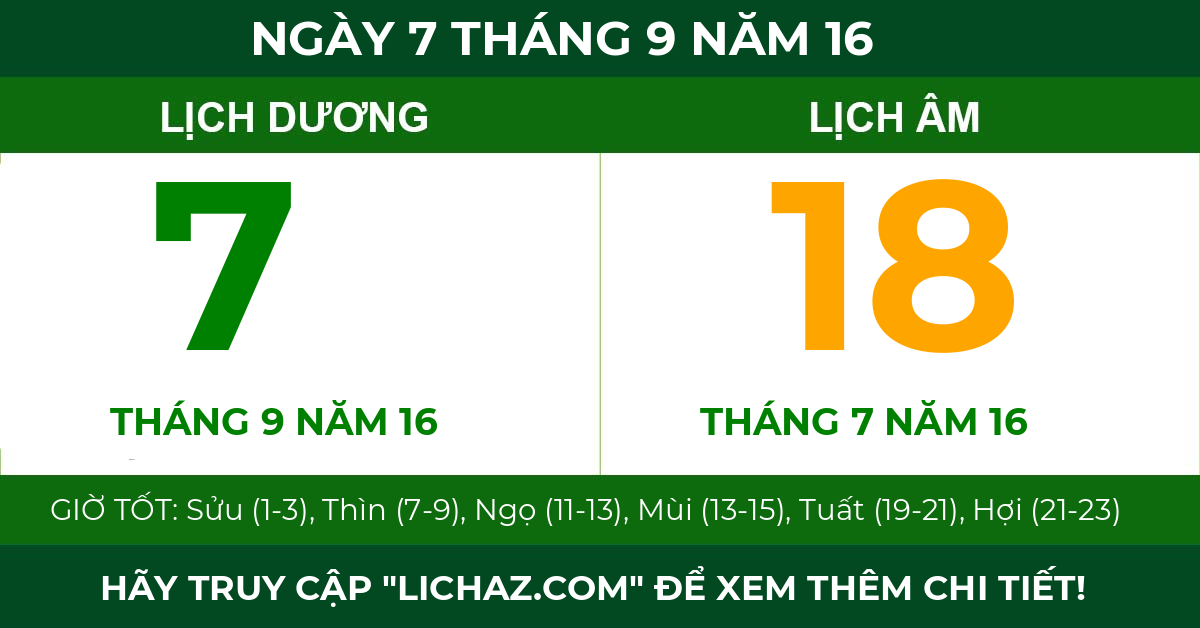 lịch âm ngày 7 tháng 9 năm 16