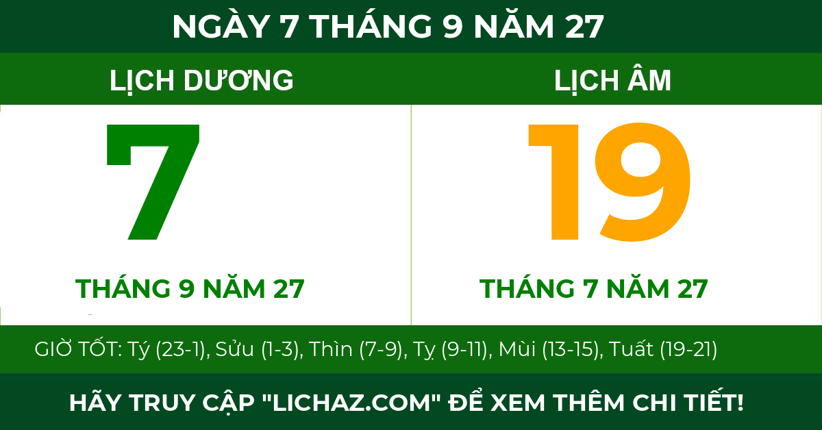 lịch âm ngày 7 tháng 9 năm 27