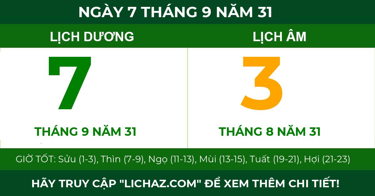 lịch âm ngày 7 tháng 9 năm 31