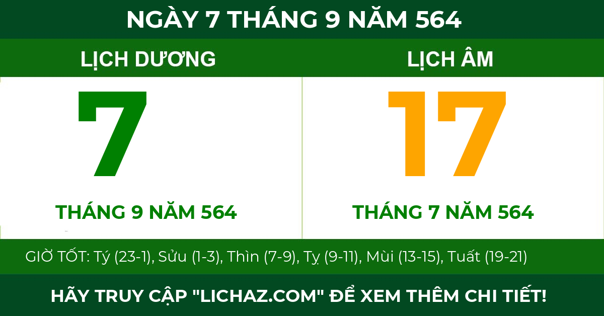 lịch âm ngày 7 tháng 9 năm 564