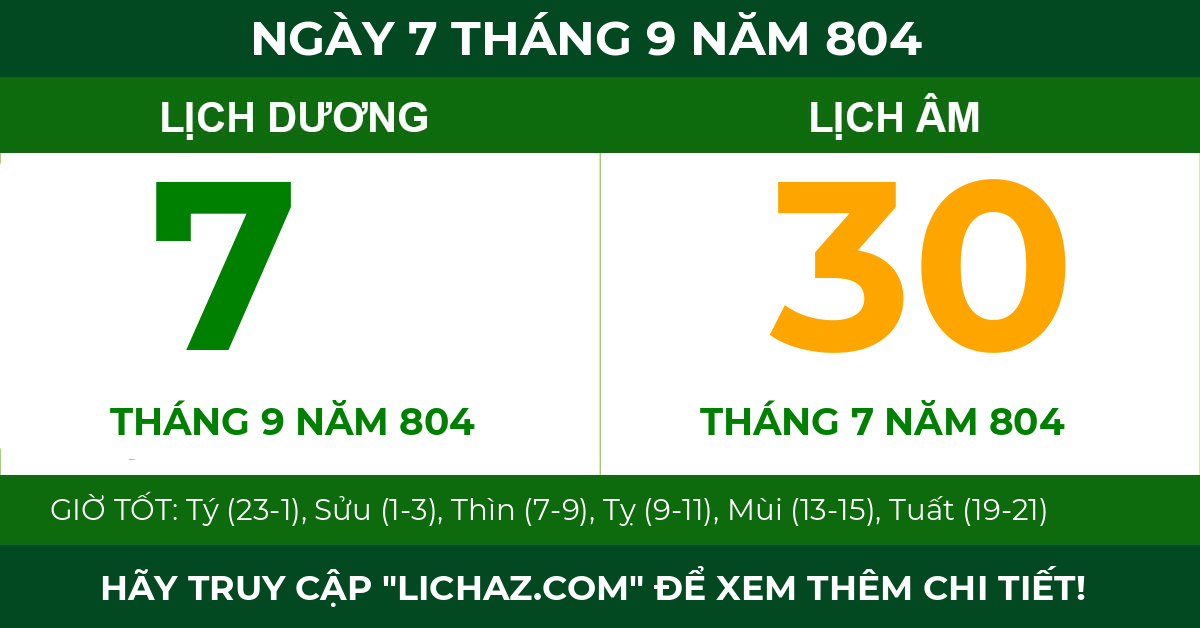 lịch âm ngày 7 tháng 9 năm 804