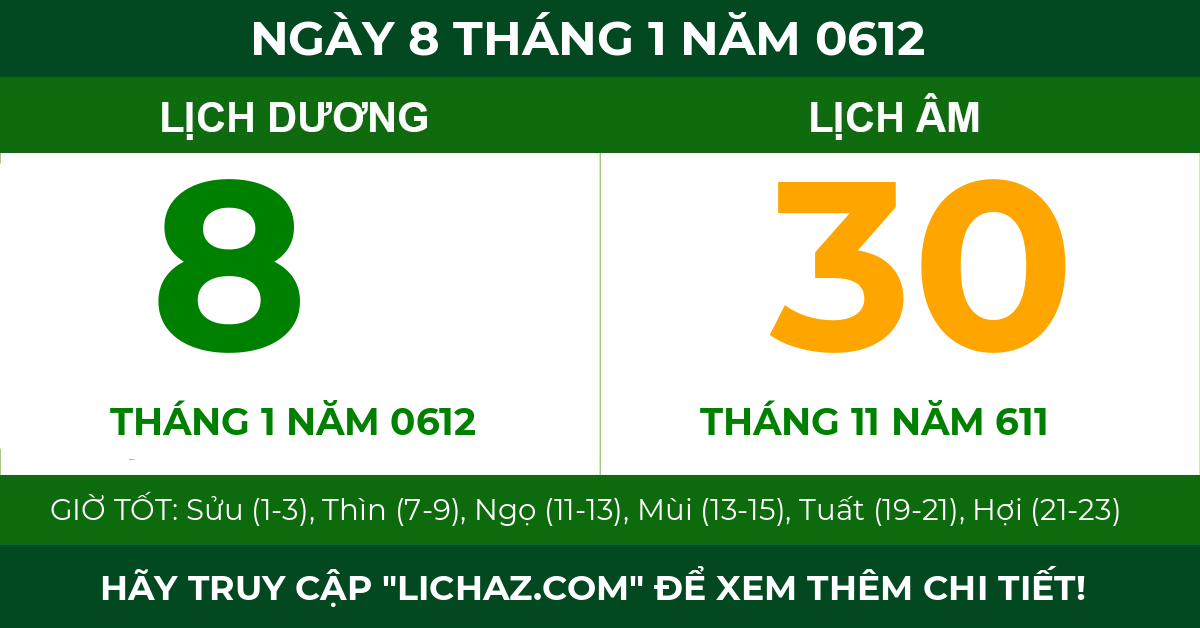 lịch âm ngày 8 tháng 1 năm 0612
