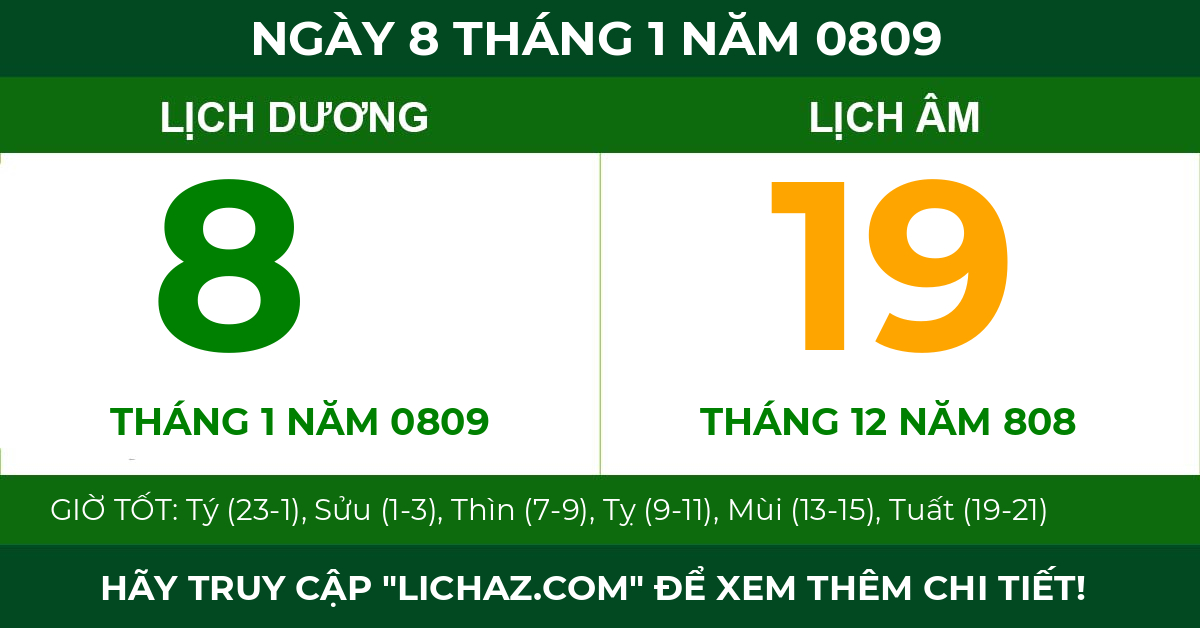 lịch âm ngày 8 tháng 1 năm 0809