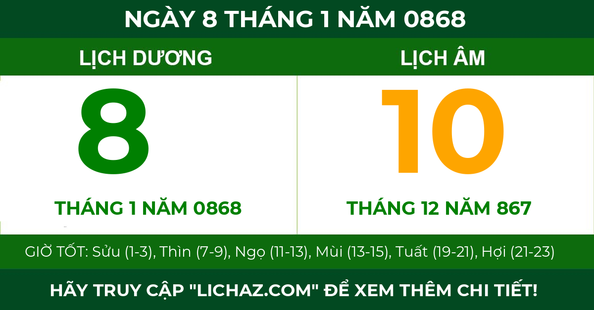 lịch âm ngày 8 tháng 1 năm 0868