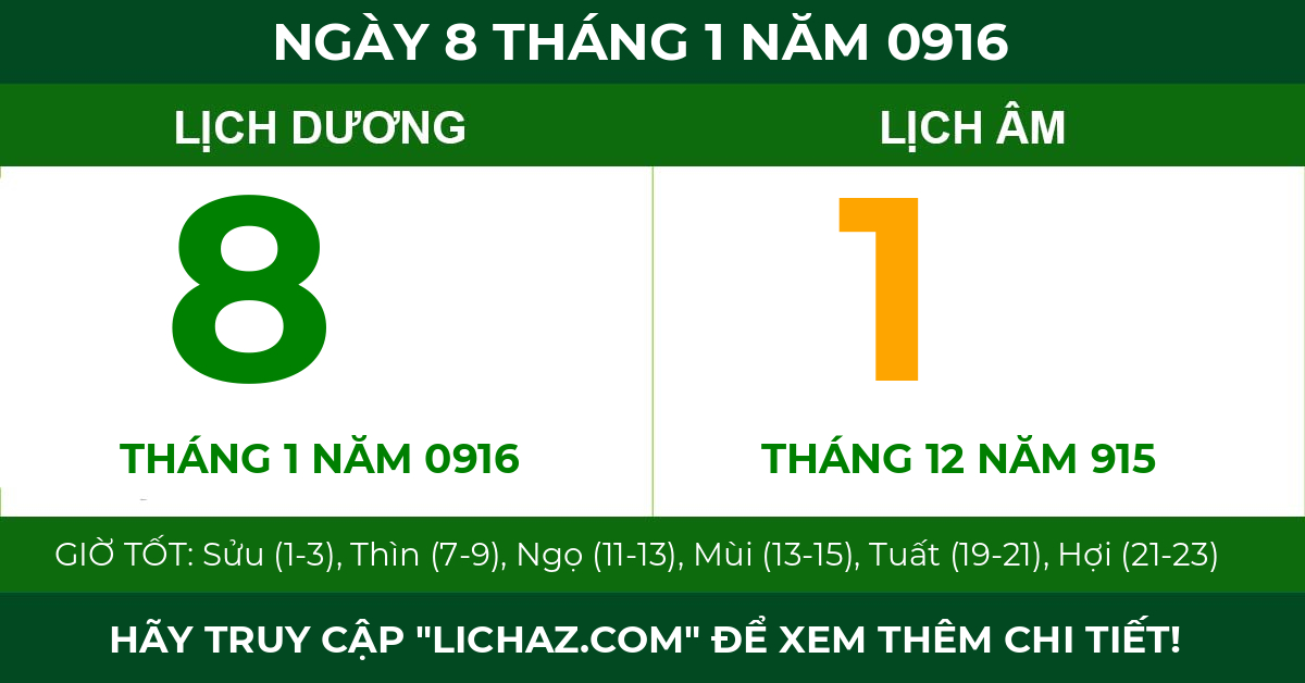 lịch âm ngày 8 tháng 1 năm 0916