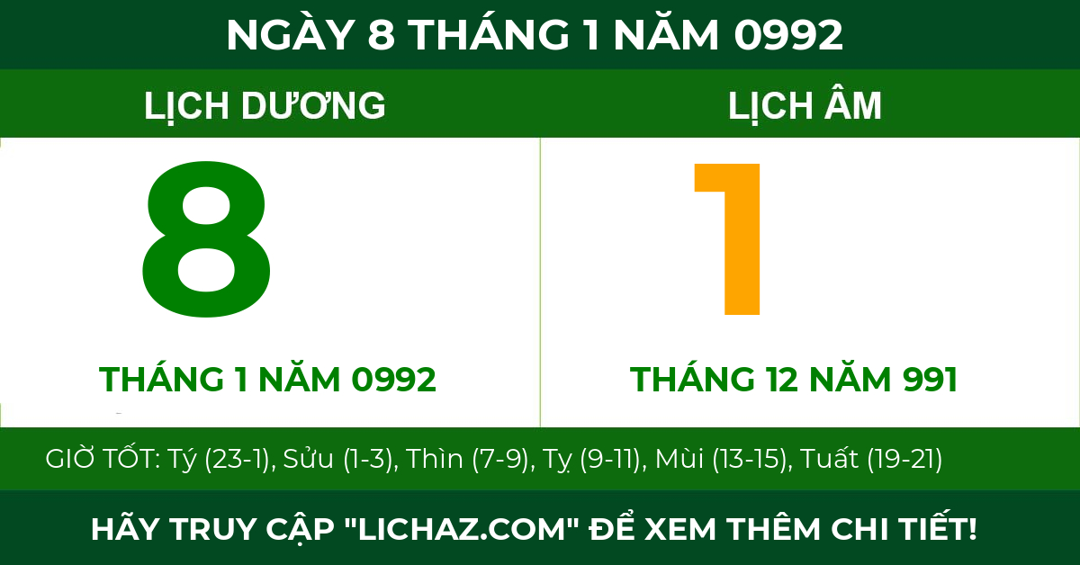 lịch âm ngày 8 tháng 1 năm 0992