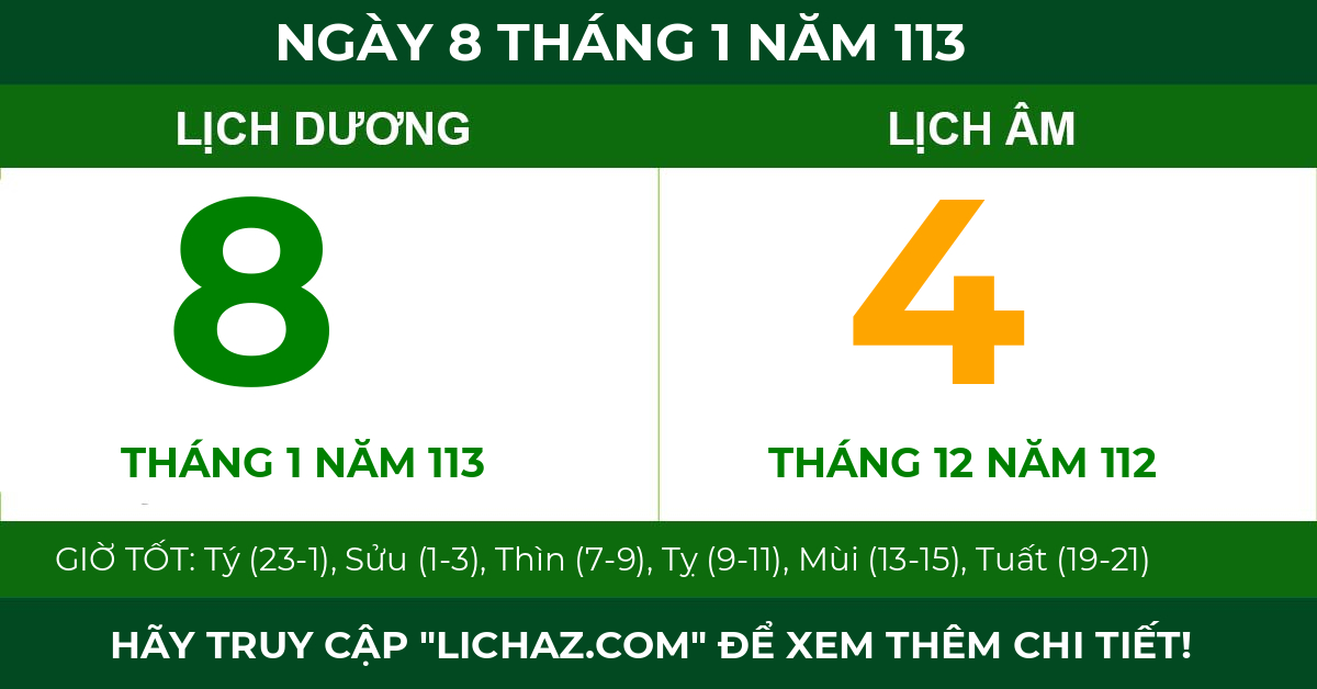 lịch âm ngày 8 tháng 1 năm 113