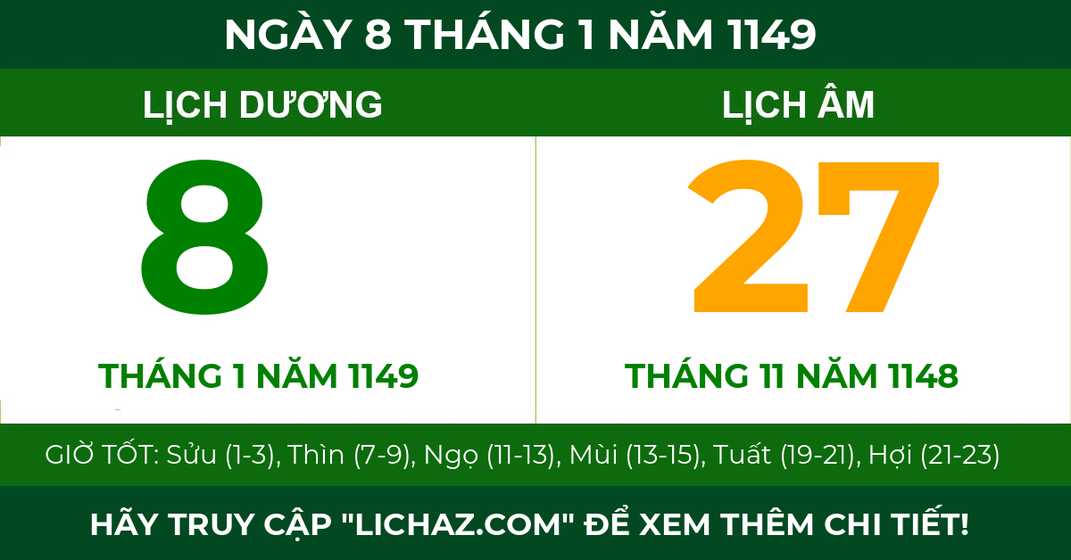 lịch âm ngày 8 tháng 1 năm 1149