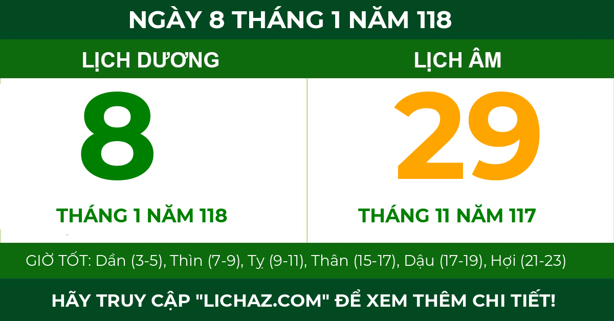 lịch âm ngày 8 tháng 1 năm 118