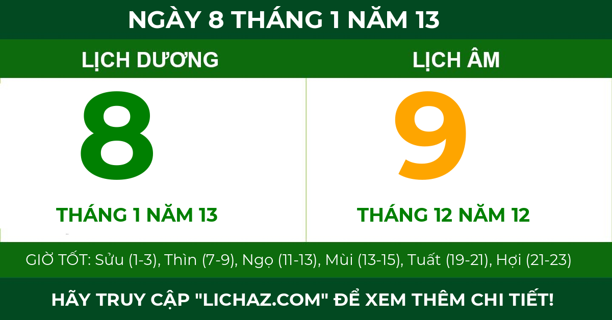 lịch âm ngày 8 tháng 1 năm 13
