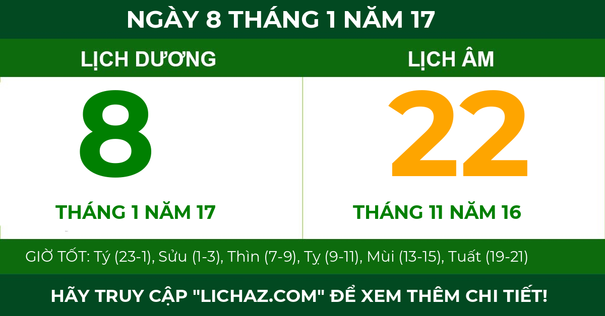 lịch âm ngày 8 tháng 1 năm 17
