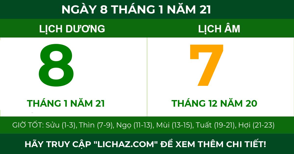 lịch âm ngày 8 tháng 1 năm 21