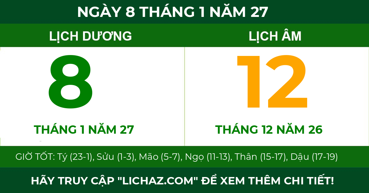 lịch âm ngày 8 tháng 1 năm 27