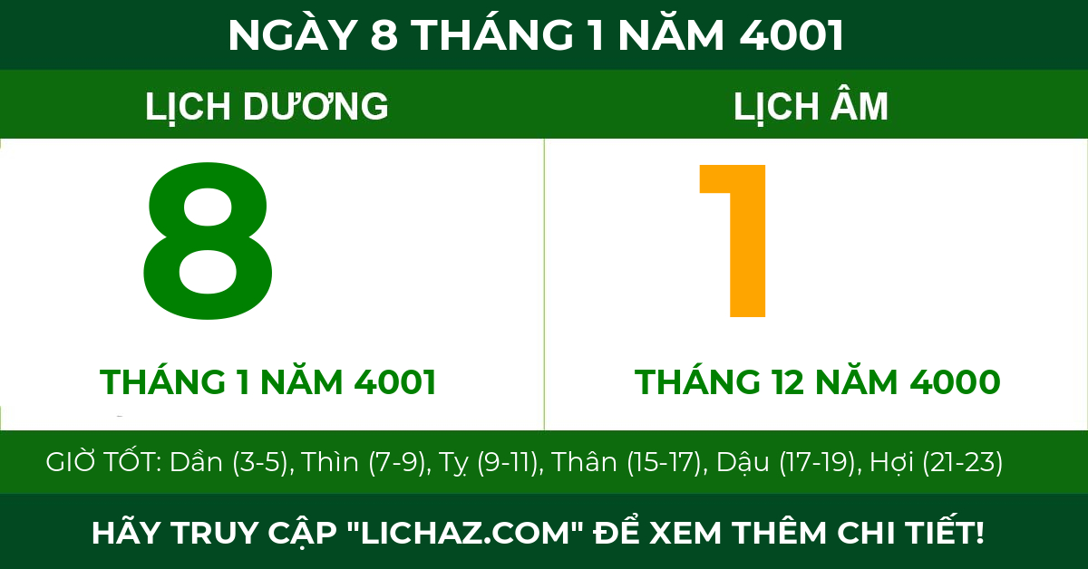 lịch âm ngày 8 tháng 1 năm 4001