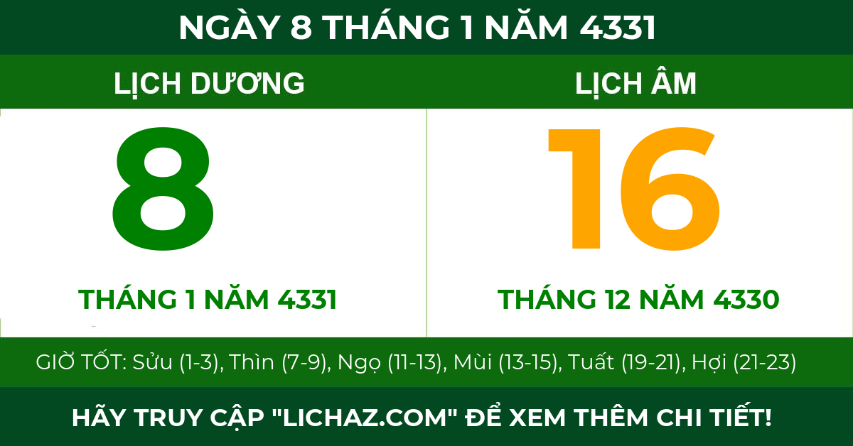lịch âm ngày 8 tháng 1 năm 4331