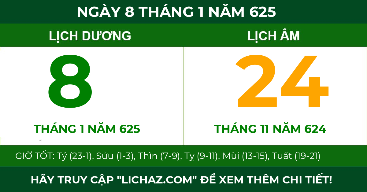 lịch âm ngày 8 tháng 1 năm 625