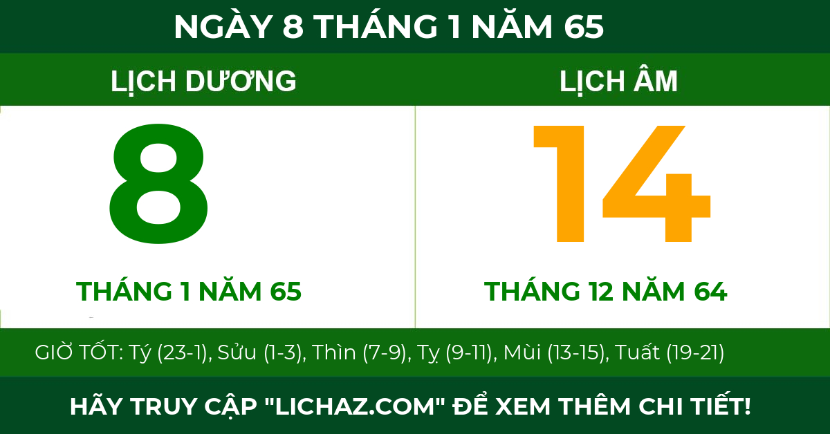 lịch âm ngày 8 tháng 1 năm 65