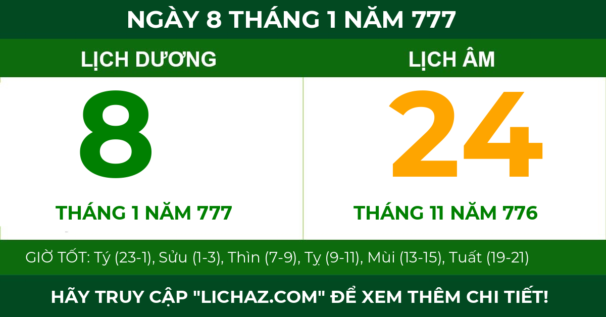 lịch âm ngày 8 tháng 1 năm 777