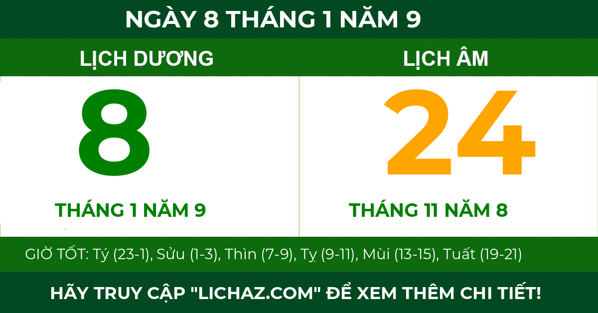 lịch âm ngày 8 tháng 1 năm 9