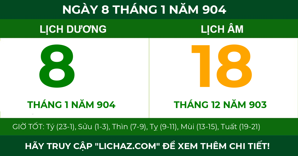 lịch âm ngày 8 tháng 1 năm 904
