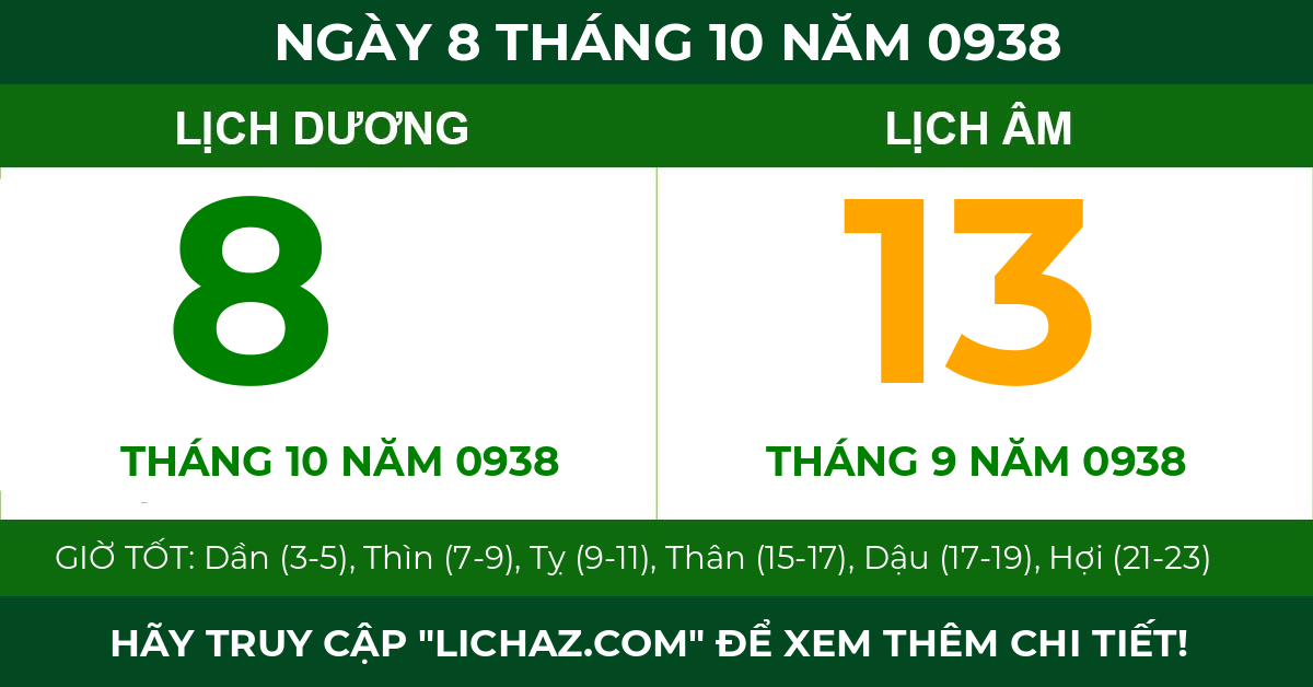 lịch âm ngày 8 tháng 10 năm 0938