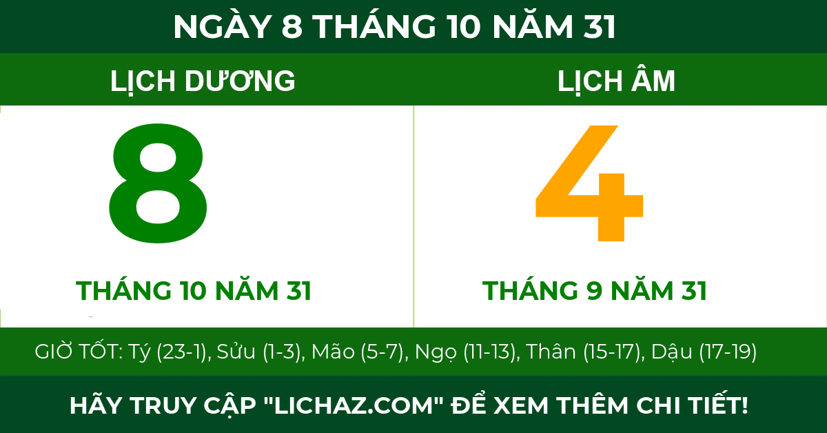 lịch âm ngày 8 tháng 10 năm 31