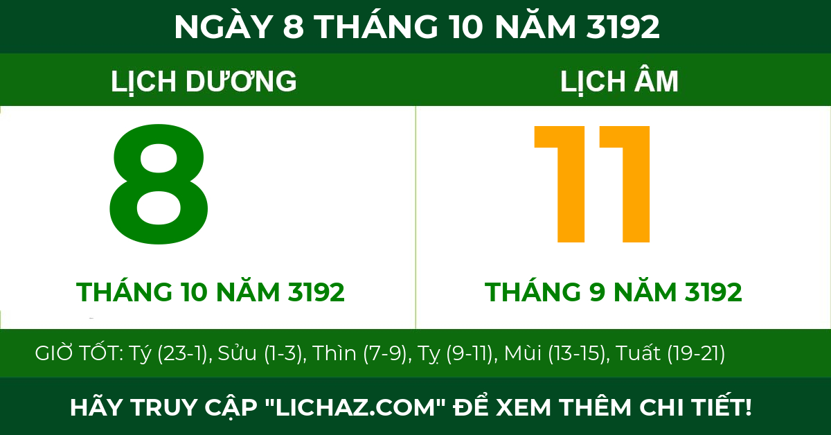 lịch âm ngày 8 tháng 10 năm 3192