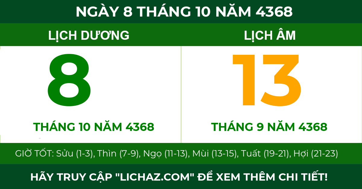 lịch âm ngày 8 tháng 10 năm 4368