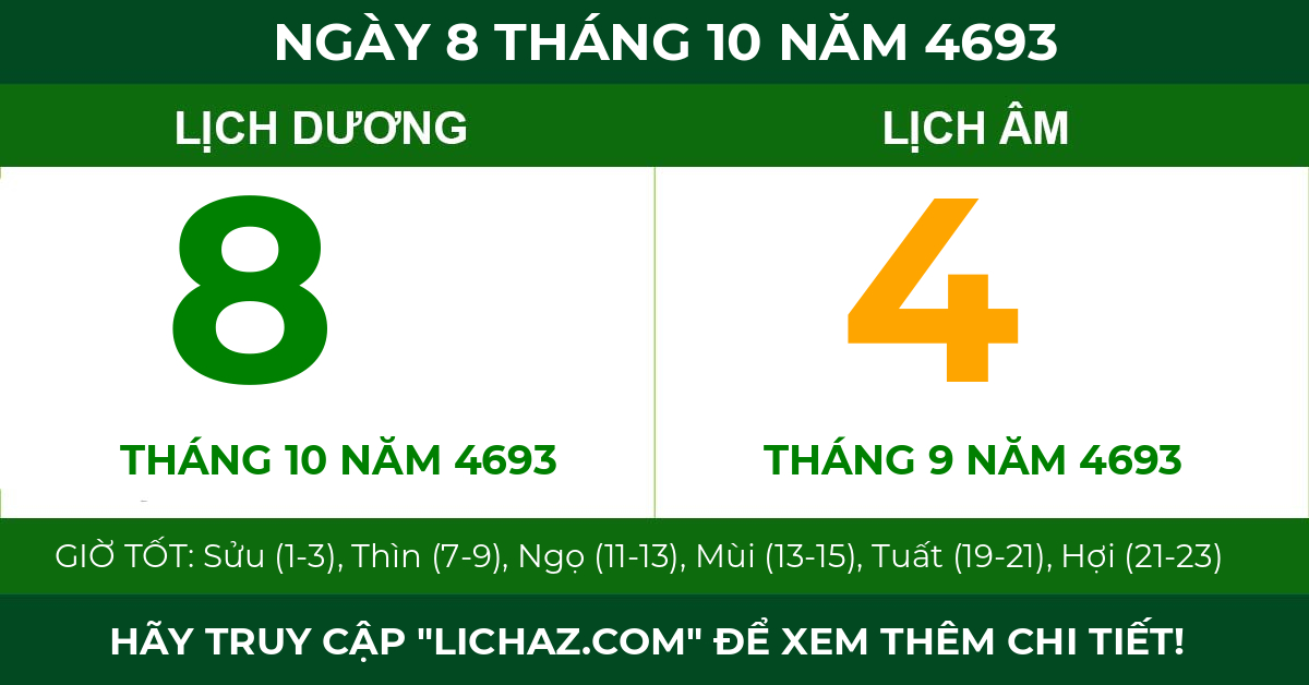 lịch âm ngày 8 tháng 10 năm 4693