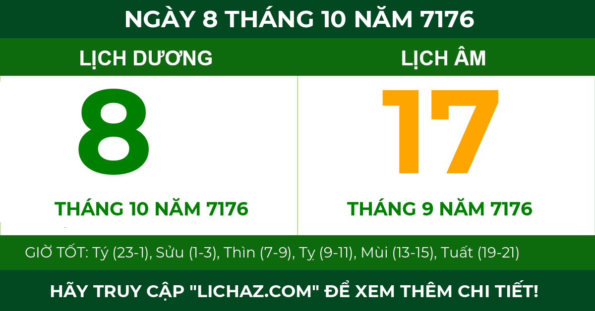 lịch âm ngày 8 tháng 10 năm 7176