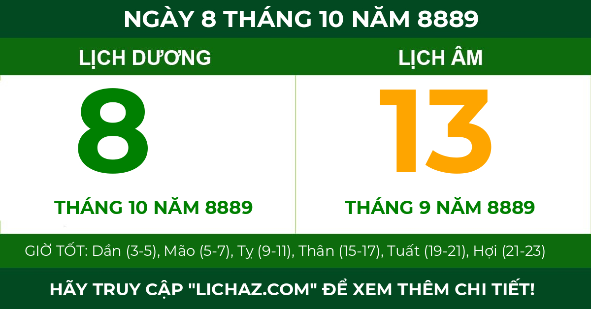 lịch âm ngày 8 tháng 10 năm 8889