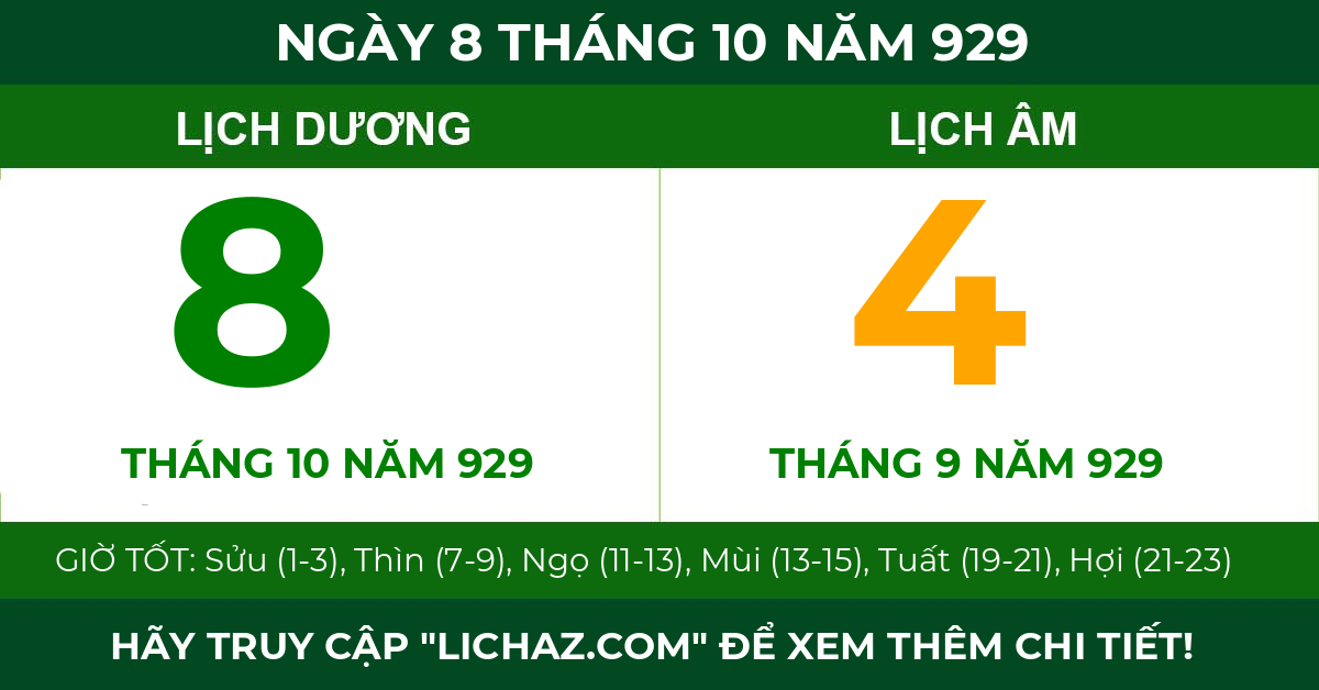 lịch âm ngày 8 tháng 10 năm 929