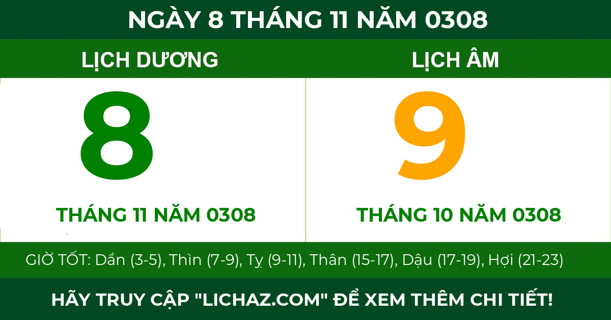 lịch âm ngày 8 tháng 11 năm 0308