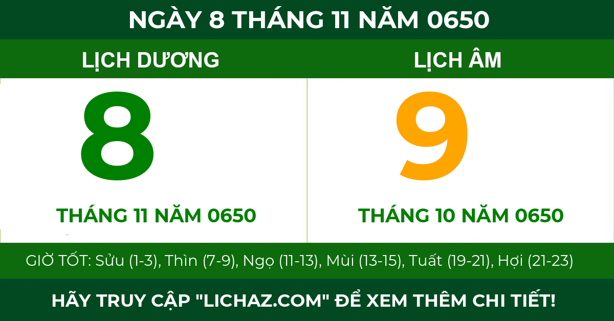 lịch âm ngày 8 tháng 11 năm 0650