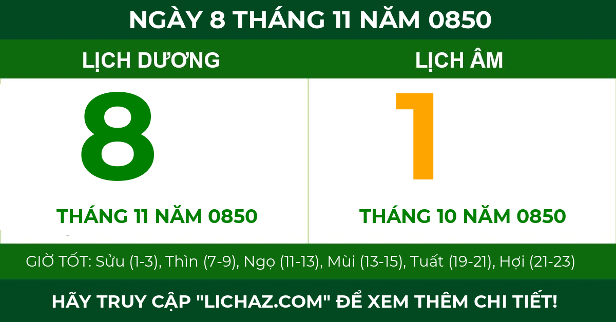 lịch âm ngày 8 tháng 11 năm 0850