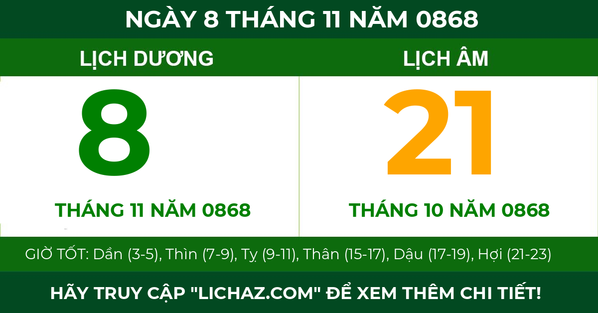 lịch âm ngày 8 tháng 11 năm 0868