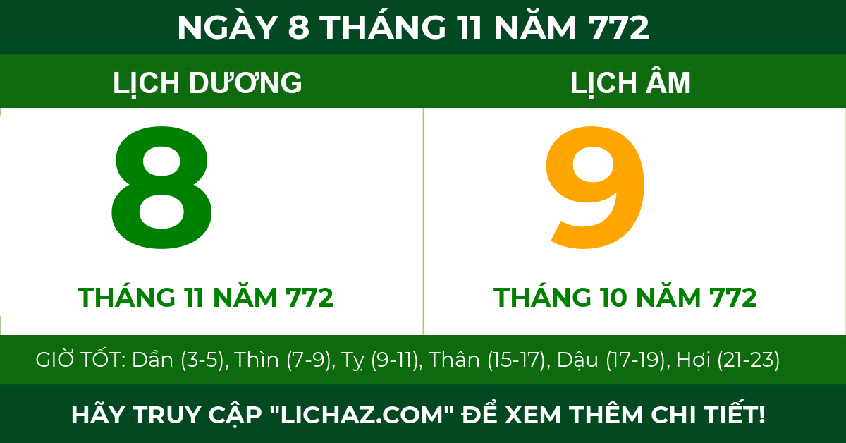 lịch âm ngày 8 tháng 11 năm 772