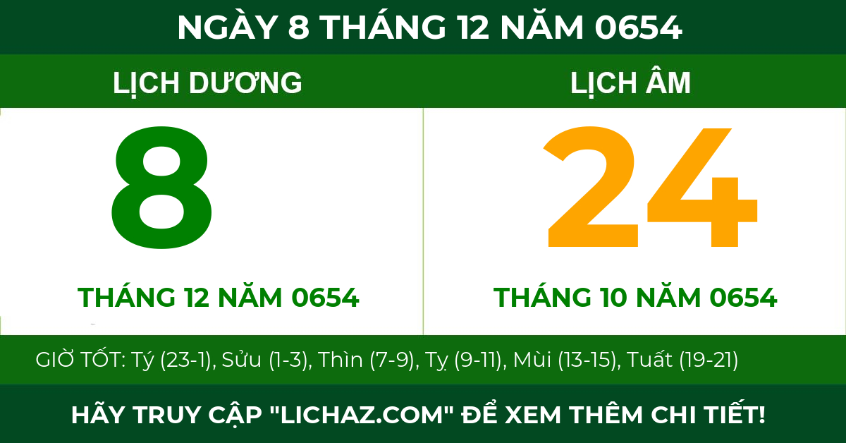 lịch âm ngày 8 tháng 12 năm 0654