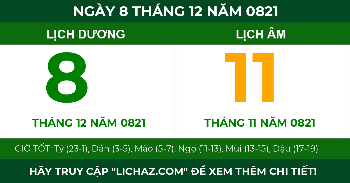 lịch âm ngày 8 tháng 12 năm 0821