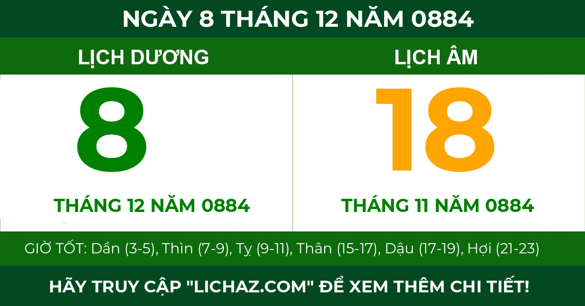 lịch âm ngày 8 tháng 12 năm 0884
